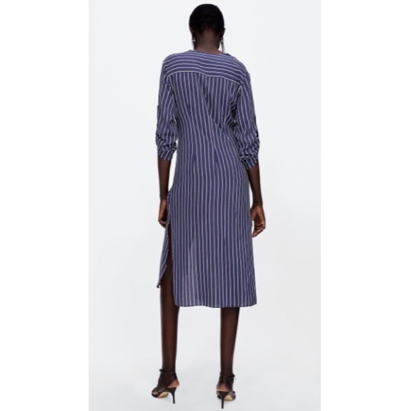 navy blue dress for baby girl STRIPED ASYMMETRIC MIDI DRESS - striped main image 1